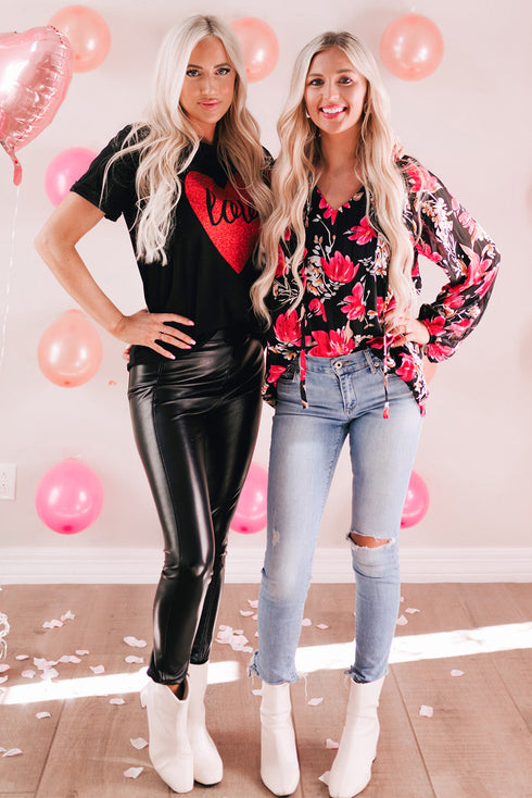 Black Love Heart Shaped Glitter Print Short Sleeve T Shirt